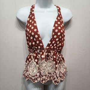 Free People Lunch Date Halter Top Small Polka Dot‎ Boho Summer Casual B809